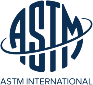 A picture of the ASTM logo. the letters ASTM conforming to the shape of a circle with an curving line in front of the letters.