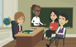 Teacher sitting at a desk with parents opposite. An interpreter stands between them.