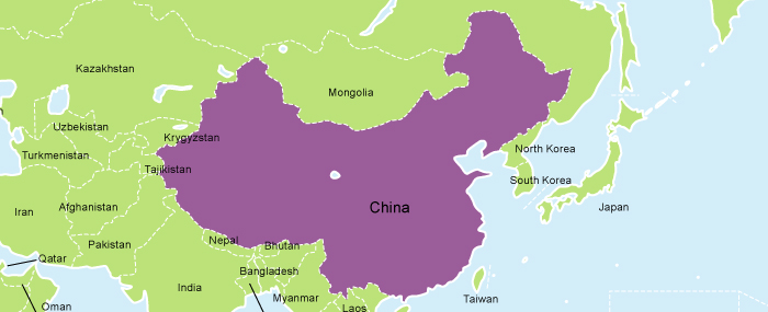 A picture of a map of China highlighted in purple.