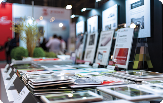 A picture of translated marketing materials and localized brochures arranged on a table at a tradeshow.