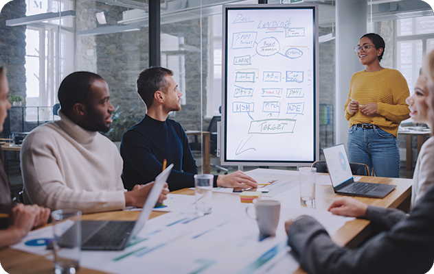 A picture of a young woman laying out strategy on a whiteboard during a translation and localization meeting for a marketing client