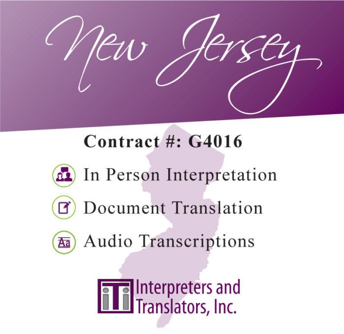 NJ contract graphic showing contract # G4016 and services offered: In person interpretation, Document translation and Audio Transcriptions