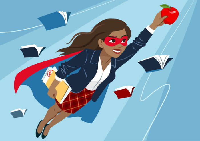 Higher Education language services -Young woman in cape and mask flying through air in superhero pose, looking confident and happy, holding an apple and folder with papers, open books around. Teacher, student, education learning concept