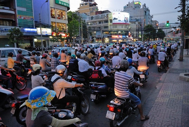 Vietnam street with lots of motorbikes