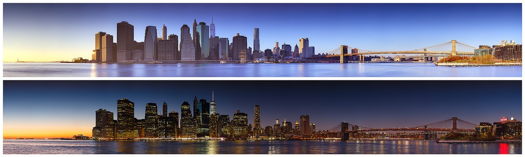 new york city skyline, day and night