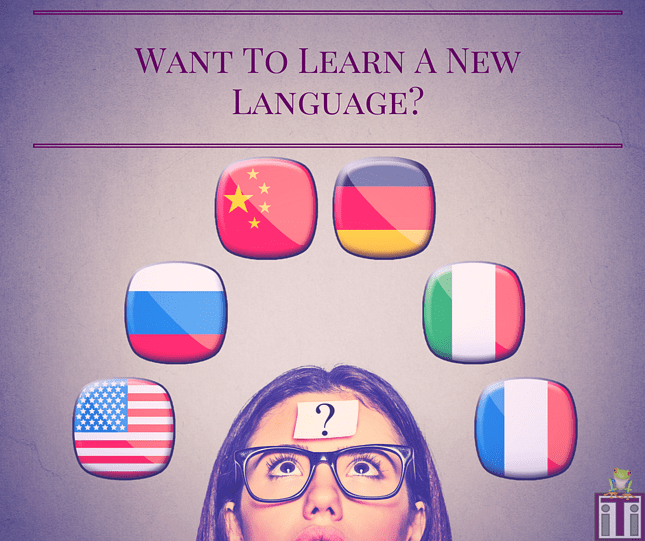 Want to learn a new language? Photo of a confused girl with a question mark on her forehead looking up at a bunch of different country flags