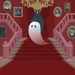 Ghost hovers over a grand staircase in a haunted mansion.