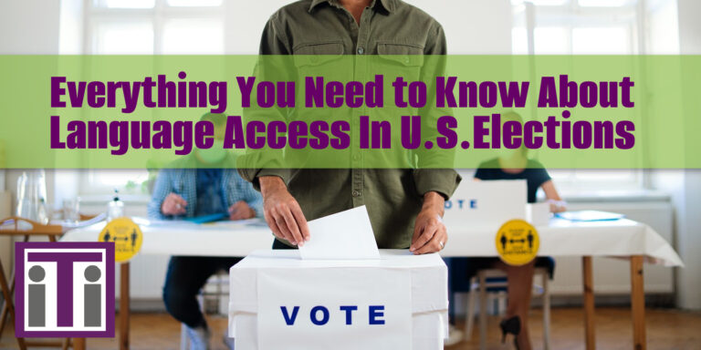 A male figure is dropping a ballot into a ballot box while election workers sit in the background.