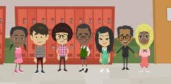 An ethnically diverse group of children stand in a school hallway.