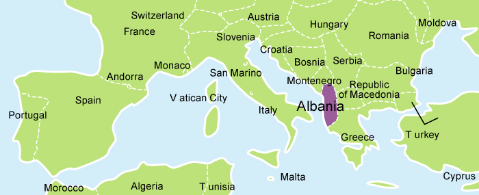 A picture of a map of lower Europe with Albania highlighted in purple.