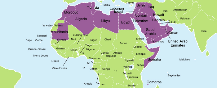 A map highlighted in purple showing regions where Arabic is the predominant language, spanning parts of North Africa, the Arabian Peninsula, and the Middle East.