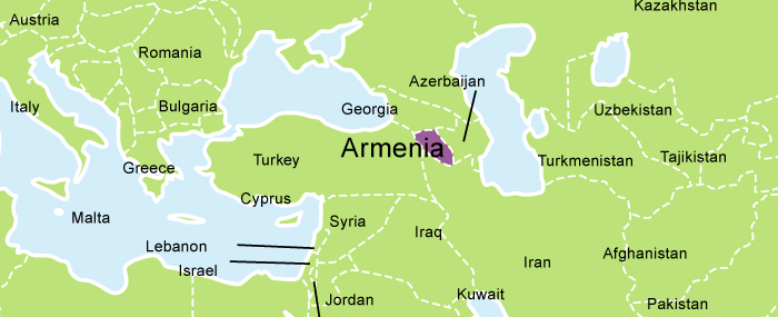 A picture of a map of Armenia highlighted in purple.