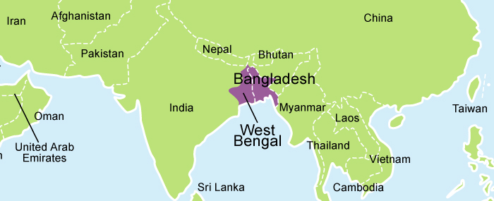 A map highlighted in purple showing regions where Bengali is the predominant language, mainly encompassing Bangladesh and the Indian state of West Bengal.