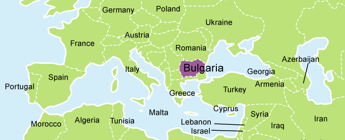 A picture of a map of Bulgaria highlighted in purple.