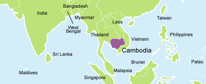 A picture of a map of Cambodia highlighted in purple.