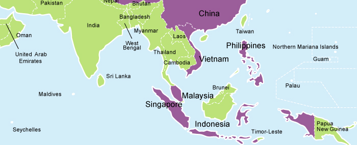 A map highlighted in purple showing regions where Cantonese is the predominant dialect, mainly in Guangdong Province, Hong Kong, and Macau in China.