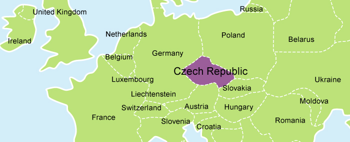 A picture of a map of Czechia highlighted in purple.