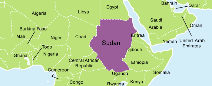 A picture of a map of Sudan highlighted in purple.