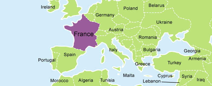 A picture of a map of French highlighted in purple.