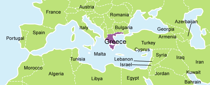 A picture of a map of Greece highlighted in purple.