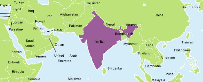 A picture of a map of India highlighted in purple.