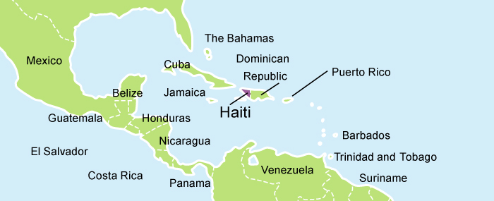 A picture of a map of Haiti highlighted in purple.