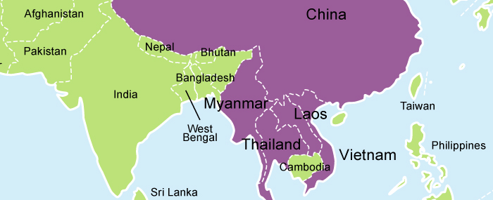 A map highlighted in purple showing regions where Hmong is the predominant language, primarily within northern Vietnam, Laos, Thailand, and specific areas in China.