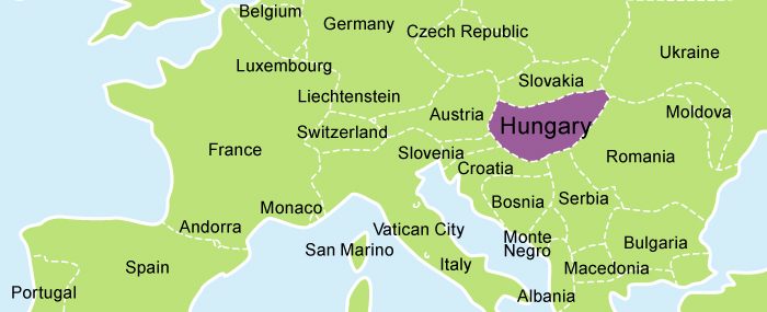 A picture of a map of Hungary highlighted in purple.