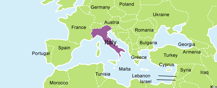 A picture of a map of Italy highlighted in purple.