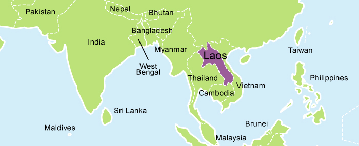 A picture of a map of Laos highlighted in purple.