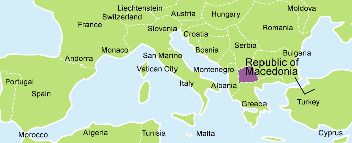 A picture of a map of Macedonia highlighted in purple.