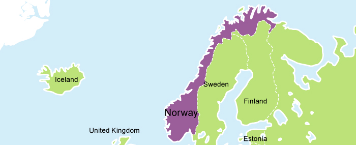 A picture of a map of Norway highlighted in purple.