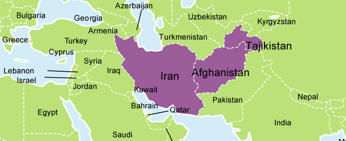 A map highlighted in purple showing the primary regions where Persian is predominantly spoken, including Iran, parts of Afghanistan, and Tajikistan