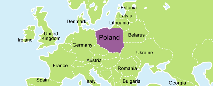 A picture of a map of Poland highlighted in purple.