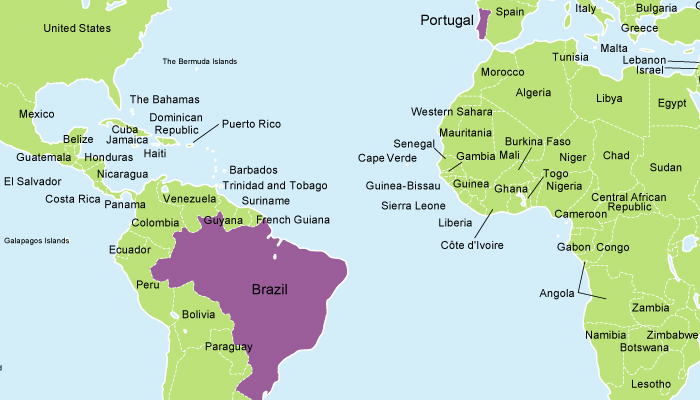 A map highlighted in purple showing the primary regions where Portuguese is predominantly spoken, including Portugal & Brazil