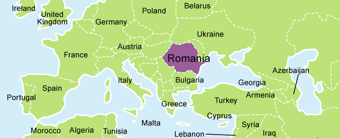 A picture of a map of Romania highlighted in purple.