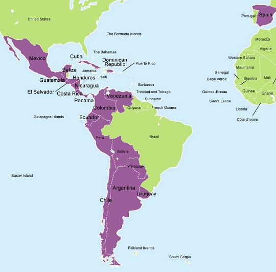 A map highlighted in purple showing the primary regions where Spanish is predominantly spoken, including Spain, Mexico, most of Central and South America