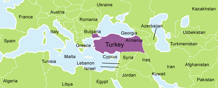 A picture of a map of Turkey highlighted in purple.