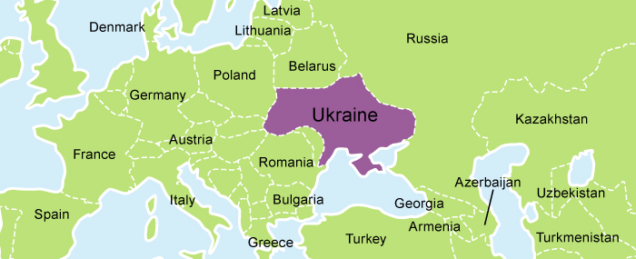 A picture of a map of Ukraine highlighted in purple.