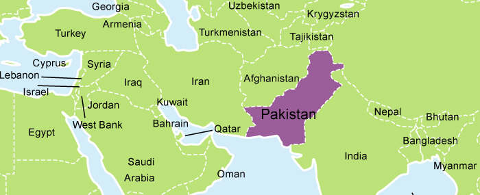 A picture of a map of Pakistan highlighted in purple.