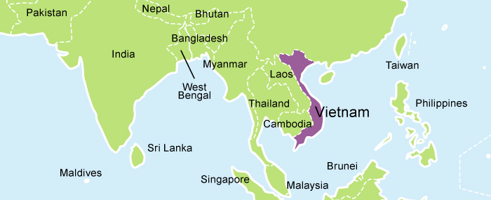 A picture of a map of Vietnam highlighted in purple.