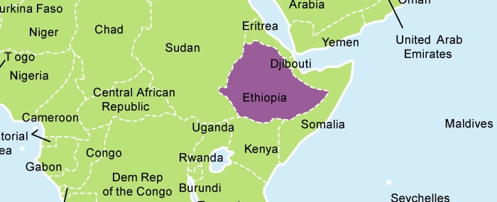 Map of part of Africa with Ethiopia highlighted