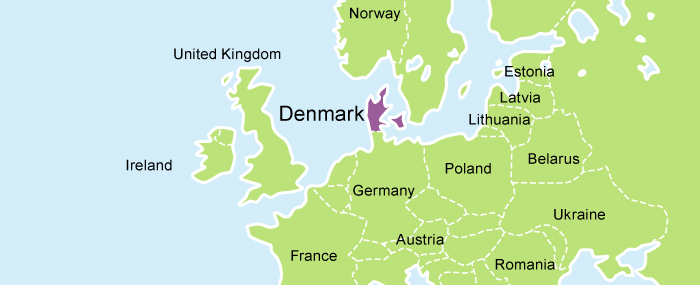 A picture of a map of Denmark highlighted in purple.