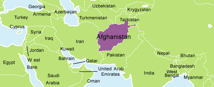 A picture of a map of Afghanistan highlighted in purple.