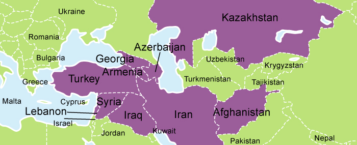 A map highlighted in purple showing regions where Kurdish is the predominant language, mainly in parts of Turkey, Iraq, Iran, and Syria