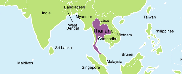 A picture of a map of Thailand highlighted in purple.