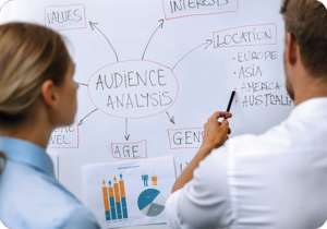 A picture of a man and a woman on the marketing team sketching out an audience analysis on a white board for a marketing campaign where they will need interpreting and translation services