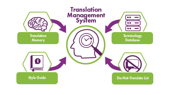 A diagram of the parts of a translation management system including translation memory, terminology database, style guide, and do not translate list.