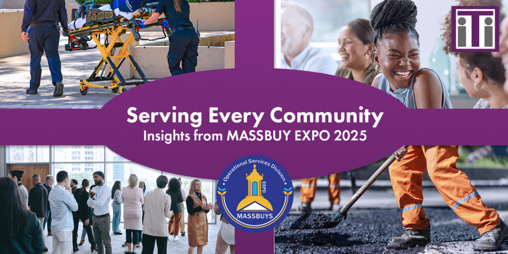 A collage of images from a conference setting with a large group of different people talking, a woman smiling in a business meeting, a picture of DPW workers patching pavement, and EMS workers pushing a gurney, with the title serving every community.