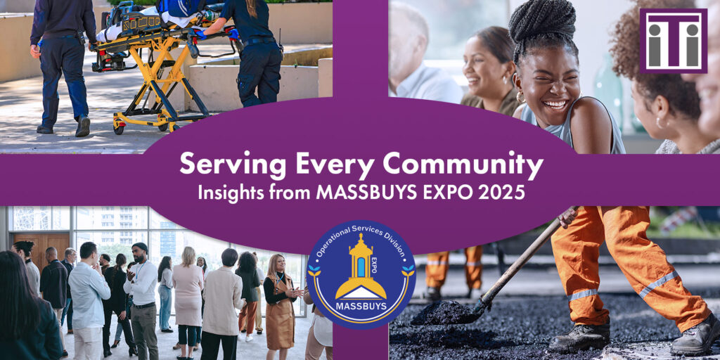 A collage of images from a conference setting with a large group of different people talking, a woman smiling in a business meeting, a picture of DPW workers patching pavement, and EMS workers pushing a gurney, with the title serving every community.